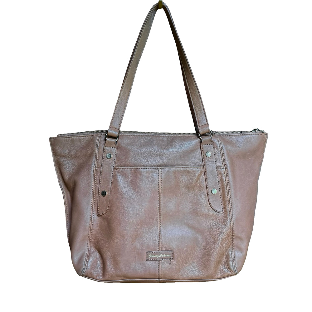 Tommy Bahama Tan Brown Leather Double Handle Purse Shoulder Bag Tote 16x10x4